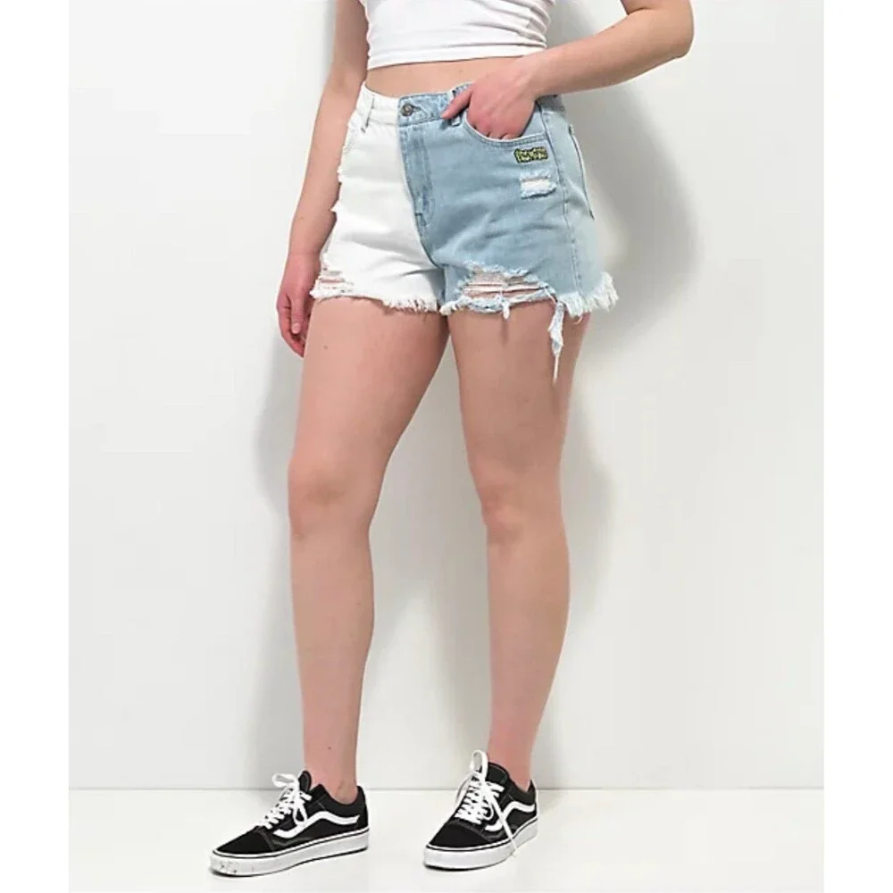 Broken Promises Two-Tone White & Light Blue Distressed Denim Shorts